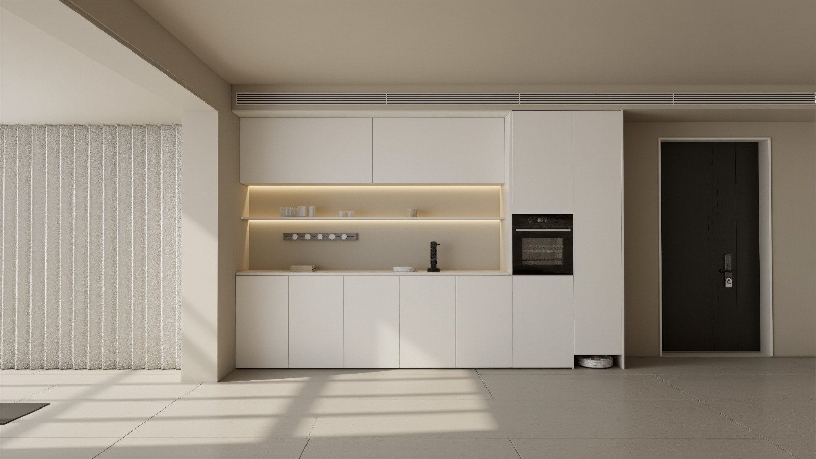 The Linea Kitchen in hand-sprayed bone lacquer.